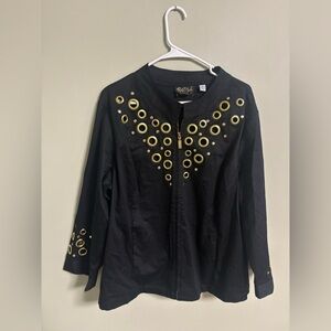 Bob Mackie Wearable Art Womens Size XL Gold Rings Black Dress Jacket Blazer Zip
